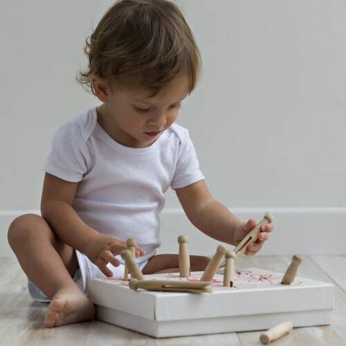 Una caja con tapa poco profunda y palos. . juegos para bebés desde 11 meses