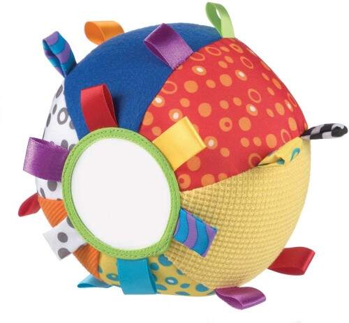 Juegos y juguetes para bebés desde 3 meses. Pelota de tela con texturas,
                             espejo, etiquetas y sonajero,